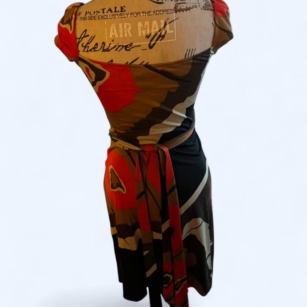 Issa London designer 100% Silk Red, Brown & Black Wrap Midi Dress - Picture 4 of 7